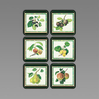 6 Untersetzer Hooker Fruits Sechs Motive: Äpfel, Pfirsiche, Kirschen, Birnen, Aprikosen, Pflaumen.