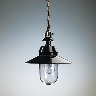  Aufhängung mit Stahlkette, Gußaufhänger und schwarzem Textilkabel.