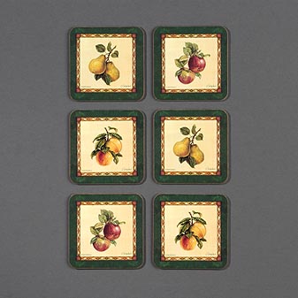 6 Untersetzer Botanical Fruit Motiv mit botanischen Zeichnungen von Früchten und Blüten.