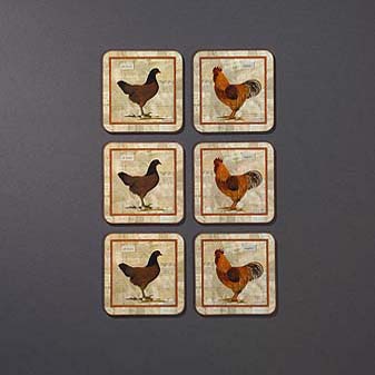 6 Untersetzer Roosters Glasuntersetzer im Format 10,5 x 10,5 cm.
